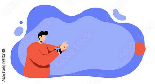 Modern man interacts with his smartwatch, pointing at a virtual display. Flat design illustration for technology, communication, and digital lifestyle concepts with ample copy space.