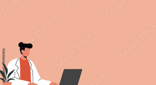 Professional in a lab coat working on a laptop with a plant, representing remote work, online learning, or virtual consultation. Ample copy space for text.