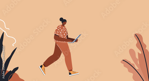 Confident person walking with a laptop, embodying remote work, digital nomad lifestyle, and freelance flexibility. Ideal for tech, business, or education concepts.