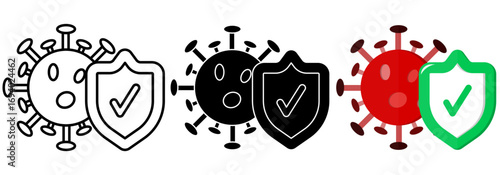 Flat vector illustration of virus protection shield with check mark, representing immunity, antivirus, safety, healthcare, and medical security concept in different icon styles.