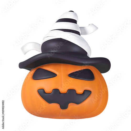 A stylized 3D Halloween pumpkin wears a black witch hat adorned with white mummy-like bandages and features a carved black smiling face.