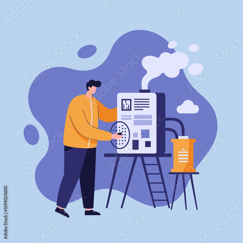 A man operates an industrial processing machine, symbolizing efficiency, innovation, and technological advancement in modern business and manufacturing.