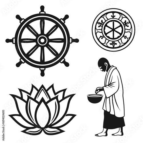 Photos Buddhist symbols dharma wheel lotus monk with bowl lotus flower