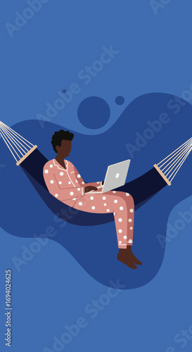 Person in pajamas comfortably working on a laptop in a hammock. Ideal for remote work, flexible lifestyle, and leisure concepts.