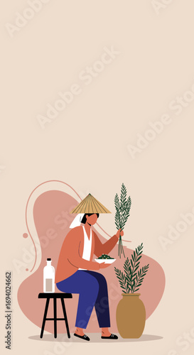 Illustration of a person in a conical hat preparing fresh herbs, embodying traditional practices, natural living, and wellness.