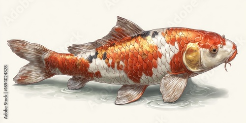 Graceful koi fish swimming, illustrated with orange, white, and black colors in an artful, serene, aquatic scene