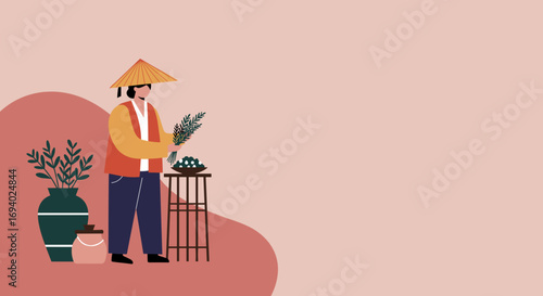 A Vietnamese farmer meticulously prepares plants, showcasing traditional clothing and farming tools against a minimalist pink background, ideal for blogs or websites related to Vietnamese culture,