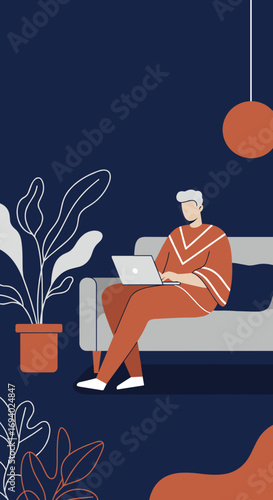 Man working remotely on a laptop from the comfort of his home sofa. Represents modern work-life balance, freelancing, and digital productivity.