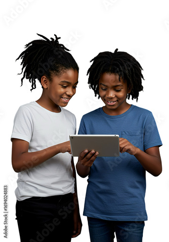 Smiling African American Kids Using Tablet – Isolated on White Background