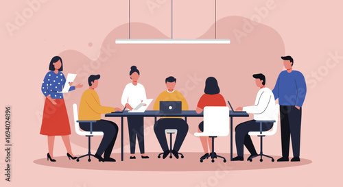 Diverse business team collaborating and discussing strategy in a modern office meeting. Ideal for concepts of teamwork, productivity, and corporate success.