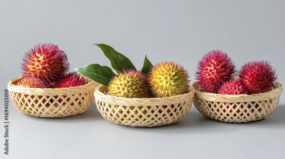 Fototapeta premium Exotic hairy red rambutan fruits woven baskets, showcasing vibrant colors and unique textures, evoke sense of tropical delight