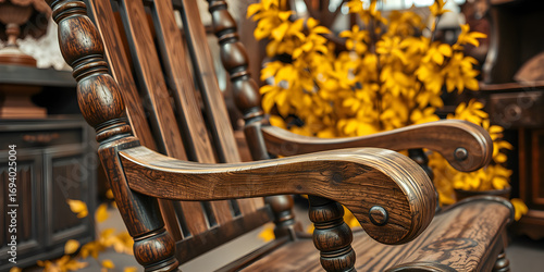 Close-up of antique wooden rocking chair, rustic weathered oak, surrounded by golden foliage, warm lighting, antique store