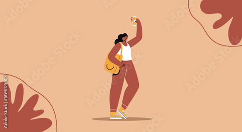 Stylish woman with a tote bag capturing a moment on her smartphone. Represents digital communication, casual lifestyle, and online content.