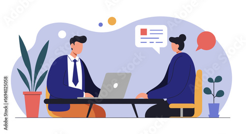 Two professionals engage in a focused business meeting or interview, with a laptop and speech bubbles symbolizing effective communication and collaboration in a corporate setting.