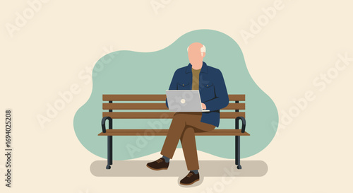 An elderly man, depicted in a flat illustration style, sits on a park bench, engrossed in his laptop, with a light green backdrop.