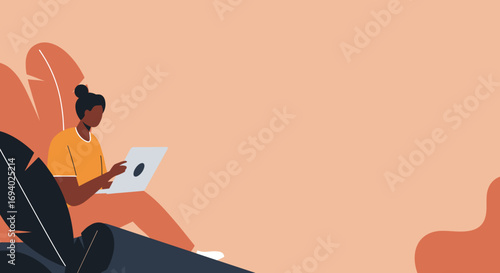 Person using a laptop in a comfortable, modern setting with abstract plant elements, ideal for remote work or freelance lifestyle.