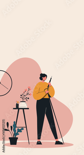 Focused woman illustration holding a tool in a modern home or studio setting with plants and a clock. Represents creativity, design, planning, or a hobby activity.