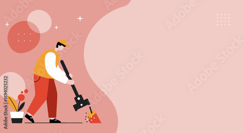 Illustration of a person actively shoveling soil next to a potted plant, representing work, gardening, growth, or home maintenance.