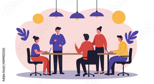 Diverse team collaborates in a modern office setting, discussing ideas and working on laptops around a table, fostering a creative and productive environment.