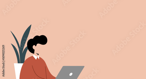 Minimalist illustration of a person working on a laptop in a modern home office, symbolizing remote work, online learning, or digital productivity and lifestyle.