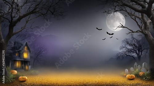 A Spooktacular Halloween Scene with Bats Pumpkins and Leaves for Festive Fun
