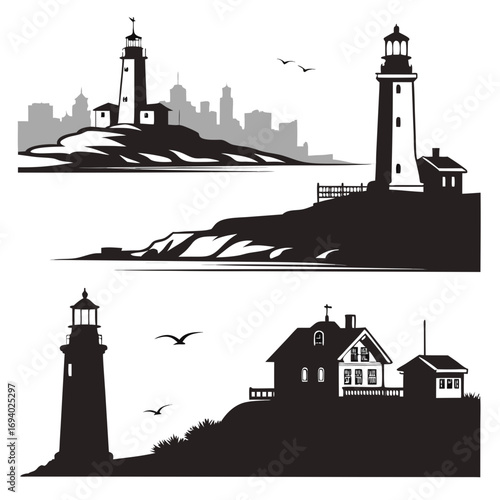 Coastal Lighthouses and Cityscape Silhouettes ocean