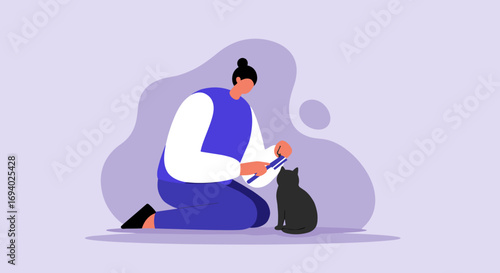 Person gently brushes a black cat, illustrating pet care, love, and daily routine. Ideal for themes of home life, responsibility, and animal companionship.