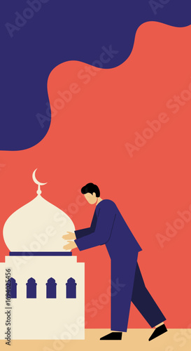 A man in a blue suit pushes a mosque dome, symbolizing faith, community, and the act of building religious structures.