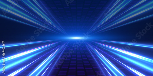 Panoramic high speed technology concept, light abstract background. Image of speed motion on the road. Abstract background in blue and purple neon glow colors.	