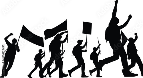 Silhouette protest group marching with flags, placards, and raised fists during social movement, demonstration, rally, or political protest event