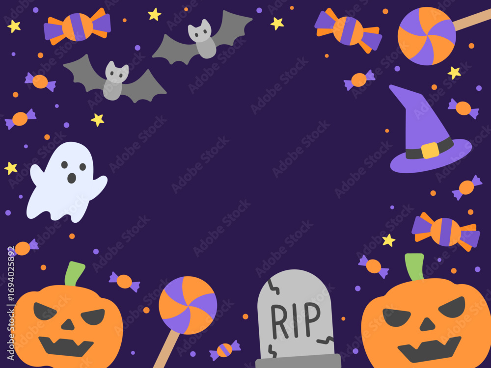 Fototapeta premium Hand-drawn Halloween background frame featuring pumpkins, candies, bats, witch hats, and a gravestone on dark purple background. Perfect for spooky party invitations or festive greetings.