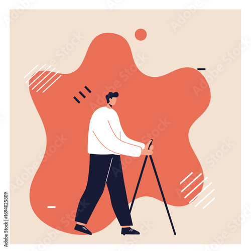 Active man walking with poles/tripod in a modern abstract setting, symbolizing leisure, outdoor activity, or creative pursuit. Ideal for lifestyle, travel, and hobby concepts.