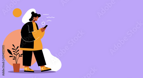 Modern illustration of a person walking and actively using a smartphone, symbolizing digital communication, social media, and technology engagement in daily life.