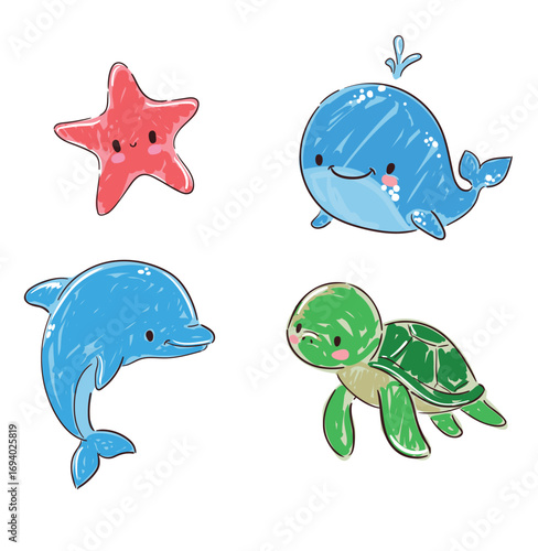 Hand Drawn Cute Sketch Set Dolphin, Star, Whale and Turtle Vector Illustration Isolated on White Background