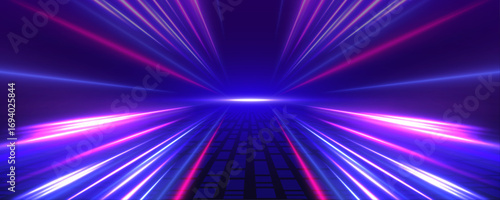 Neon stripes in the form of drill, turns and swirl. Speed of light concept background. Abstract background rotational border lines.	