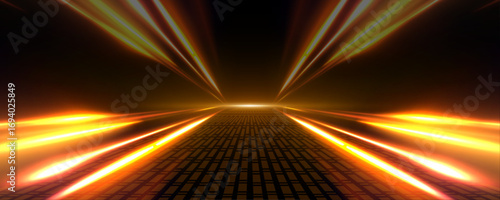 High-speed neon light lines of yellow color on a black background. Incredible speed on the expressway. A stunning light display of neon trails travels through a dark, abstract landscape.