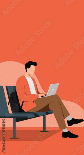 Man working on laptop in a modern waiting area, showcasing remote work, travel, and digital connectivity for business or leisure. Ideal for lifestyle and technology concepts.