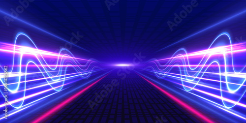 Neon stripes in the form of drill, turns and swirl. Illustration of high speed concept. Image of speed motion on the road. Abstract background in blue and purple neon glow colors.	
