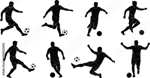 Wallpaper Mural Black silhouette vector illustration of soccer players in various action poses with football, including kicking, dribbling, running, and celebrating moments.Black  Torontodigital.ca
