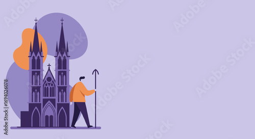 Traveler with staff stands before a majestic Gothic cathedral, symbolizing spiritual journey, historical exploration, or architectural heritage. Ideal for travel and culture.