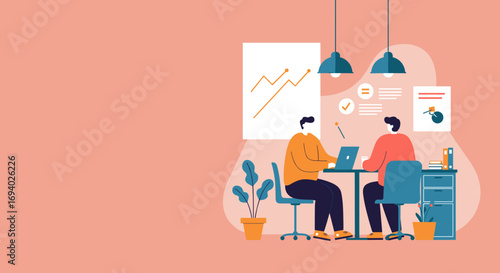 Two professionals collaborate at a modern office desk, analyzing data and strategizing for business growth. Ideal for corporate, teamwork, and startup concepts.