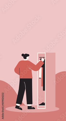 Person choosing clothes from a wardrobe in a modern, minimalist room. Represents daily routine, personal style, and decision-making for fashion or lifestyle content.