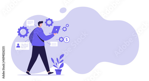 Man with laptop, surrounded by gears and data, illustrating business process management, digital workflow, and technological solutions. Ideal for modern business, finance, and technology.