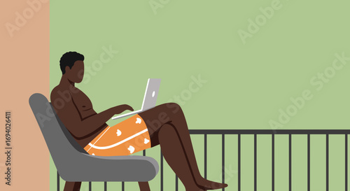 Relaxed man in swim shorts uses laptop on balcony, illustrating flexible remote work, vacation, or digital nomad lifestyle.
