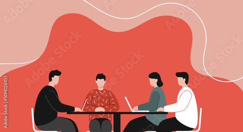 Diverse team of professionals collaborating on a project, meeting around a table with a laptop. Illustrates teamwork, communication, and modern business strategy.