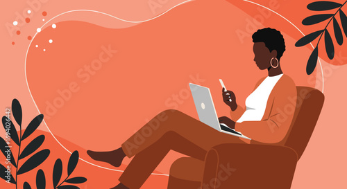 African American woman comfortably working or studying from home, using laptop and smartphone. Represents remote work, online connection, and modern digital lifestyle.