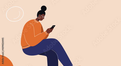 A modern illustration of a Black woman using a smartphone, symbolizing digital communication, online learning, social media, or technology use in everyday life and business.