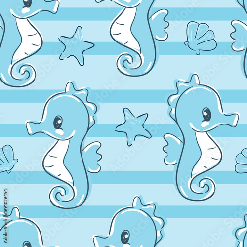 Hand Drawn Cute sea animals seamless pattern, hand drawn vector illustration