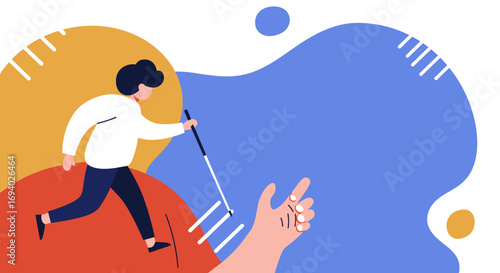 Visually impaired person navigating with a white cane, receiving support. Illustrates accessibility, inclusion, and help for people with disabilities in a modern context.