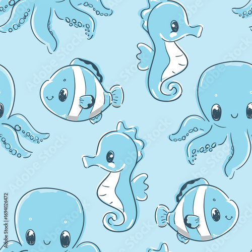 Hand Drawn Cute sea animals seamless pattern, hand drawn vector illustration